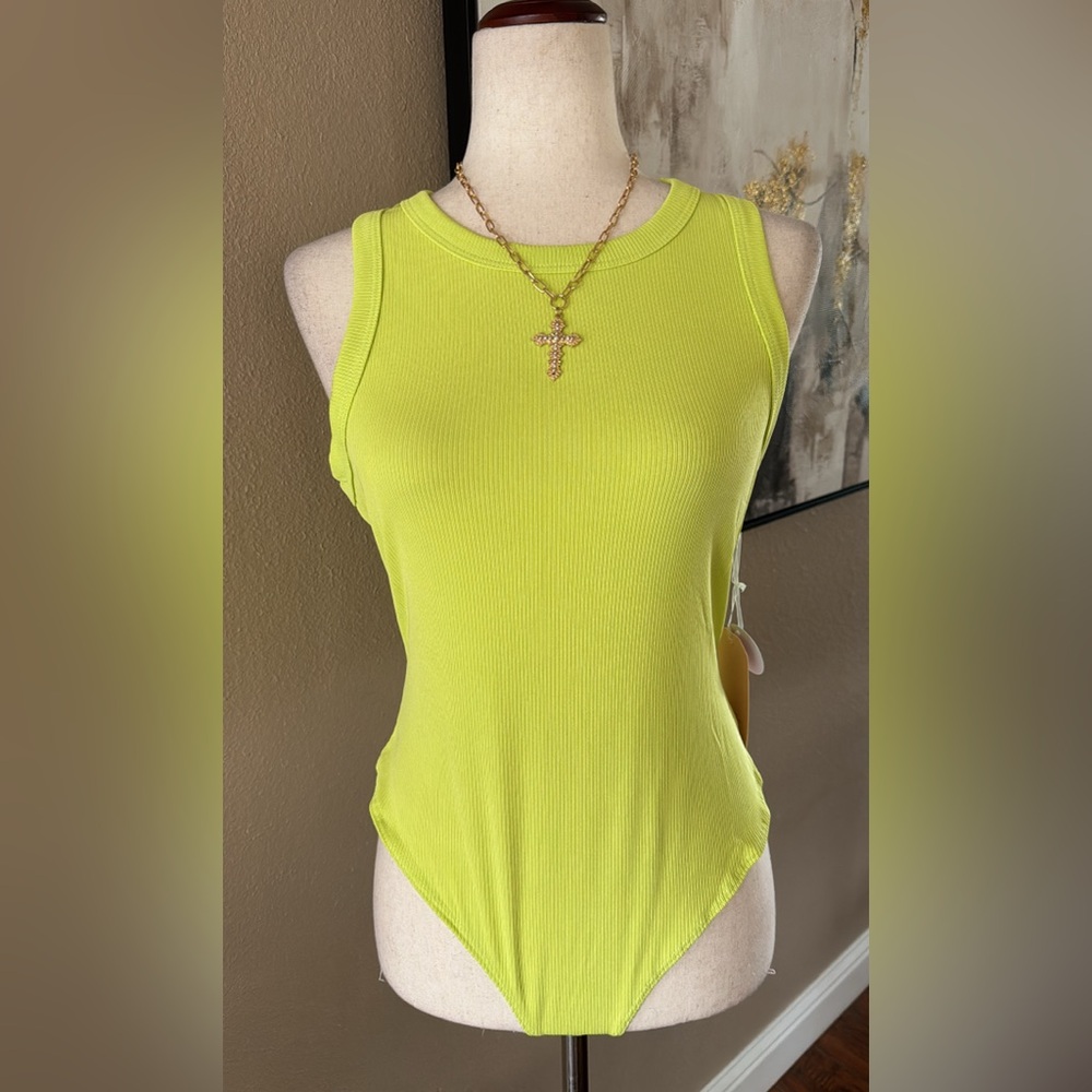 Lime yellow ribbed sleeveless bodysuit